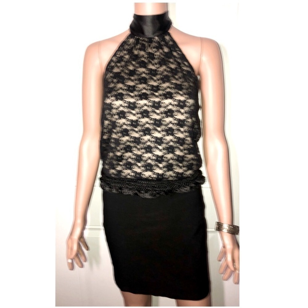 Bongo black lace overlay halter top with black satiny scarf ribbon Medium